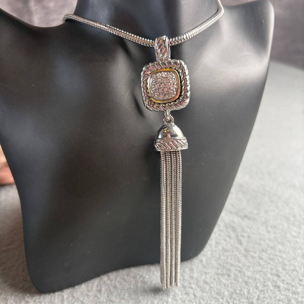 Charter Club Silver Tone Pave Crystal Square Tassel Pendant Necklace Two-Tone